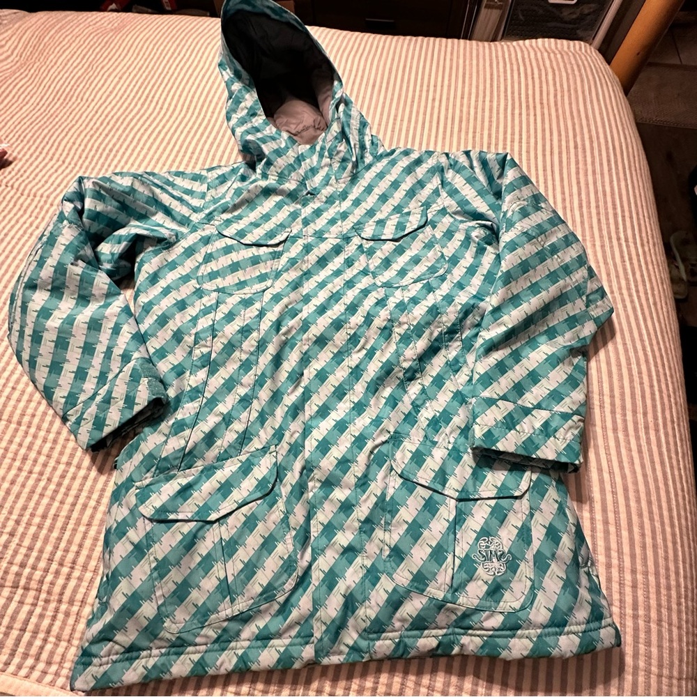 Sims Girls XL‎ Snowboard Jacket Teal White Geometric Hooded Insulated